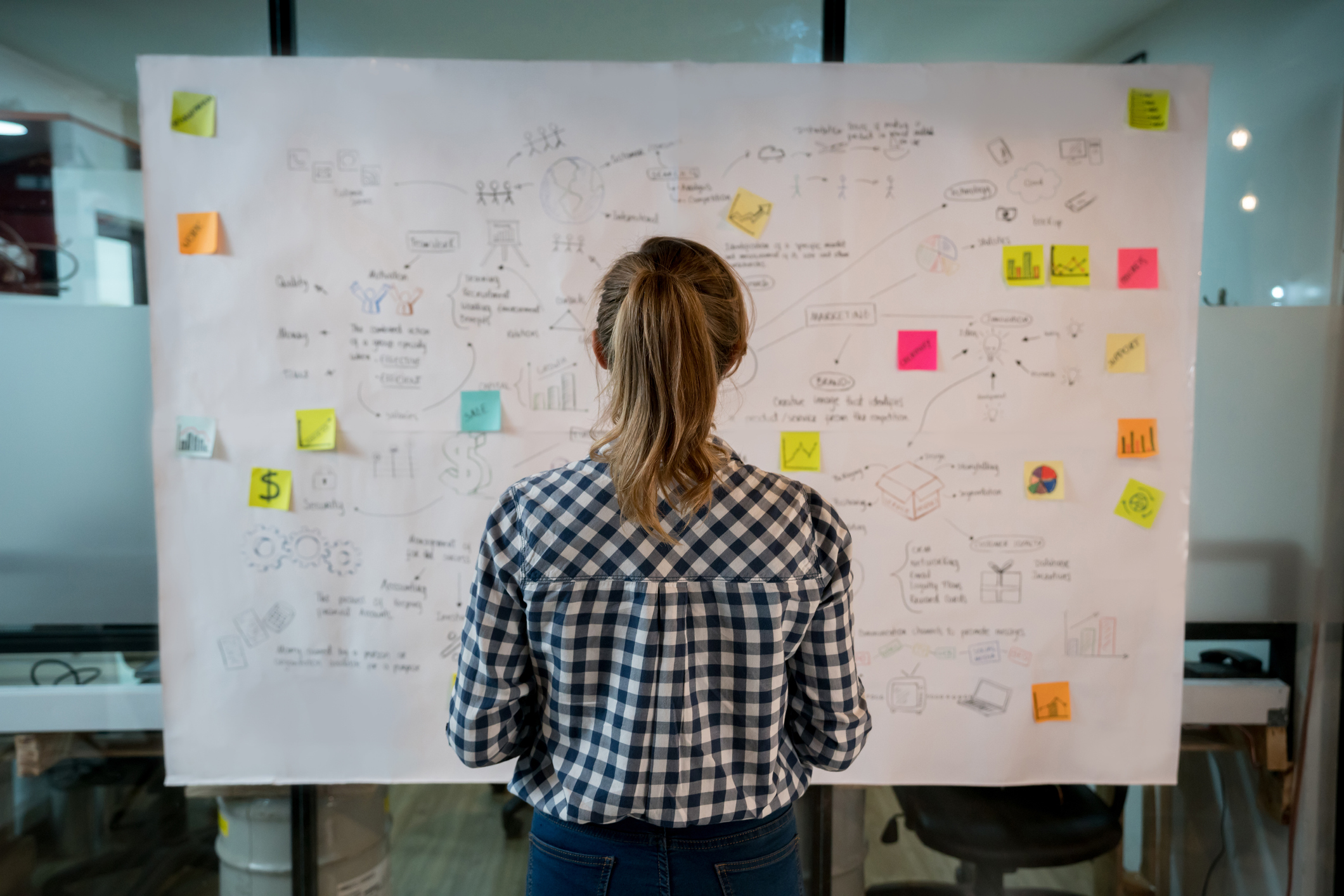 Kvinna står och tittar på en Whiteboard-tavla med post-it-lappar och text. Man ser bara hennes ryggtavla. Hon har en rutig skjorta på sig och uppsatt hår i en tofs.